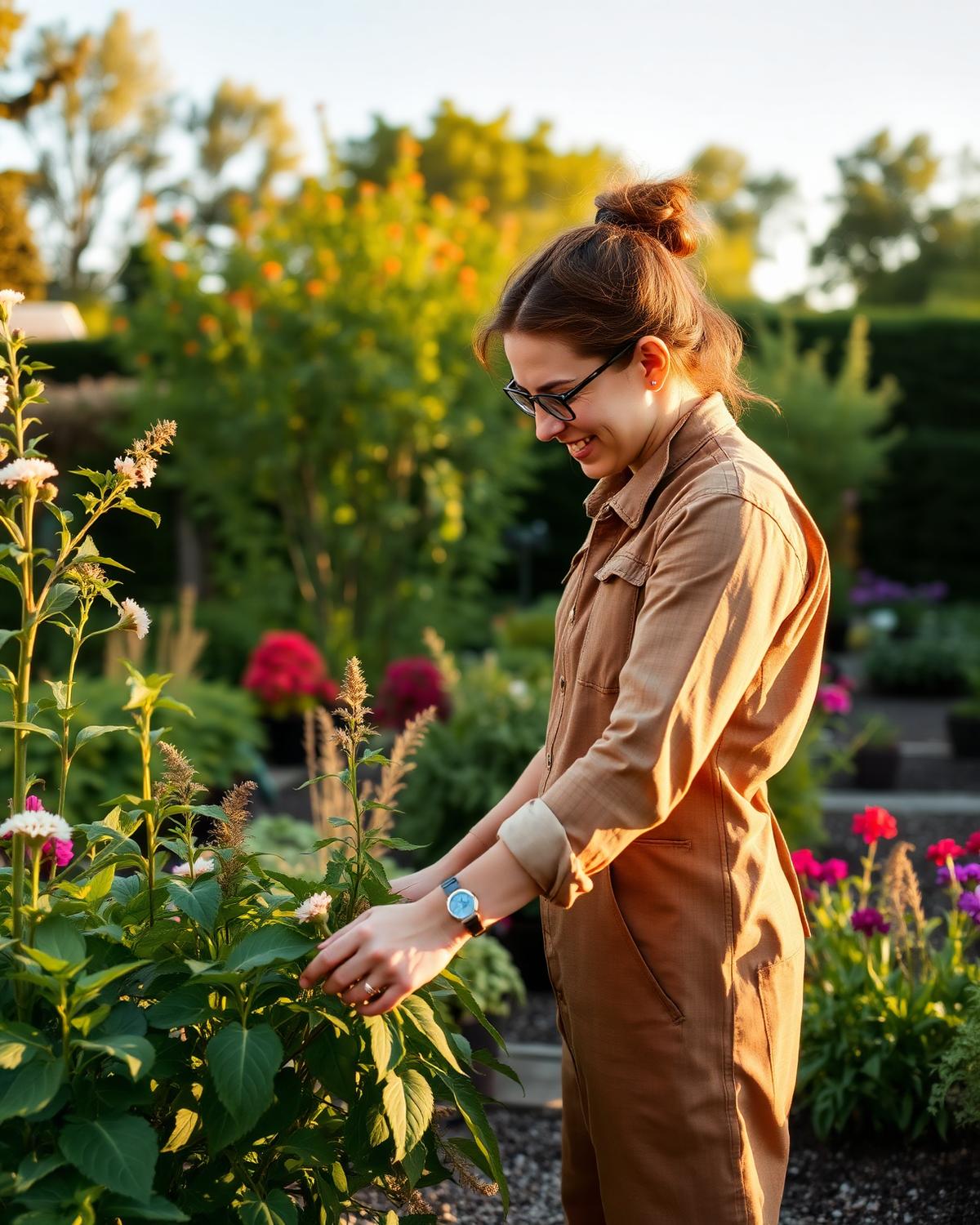 Landscape designer inspecting plants in a garden