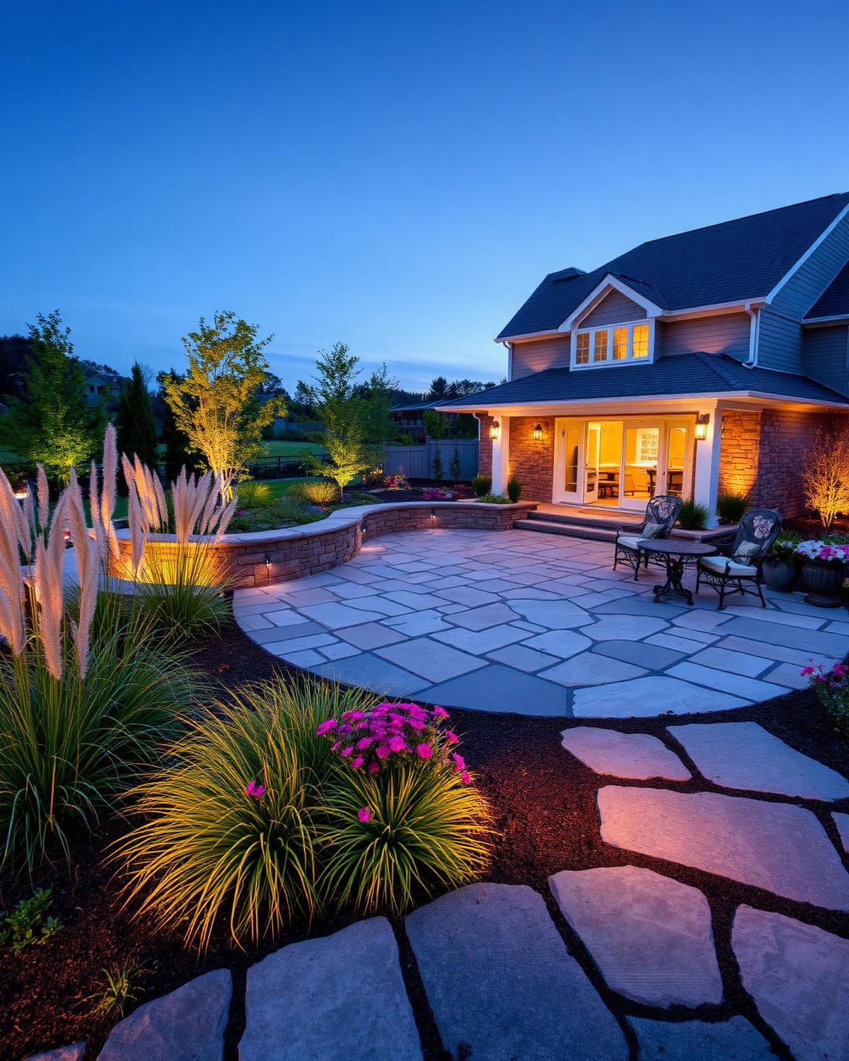 Flagstone patio with ornamental grasses at twilight